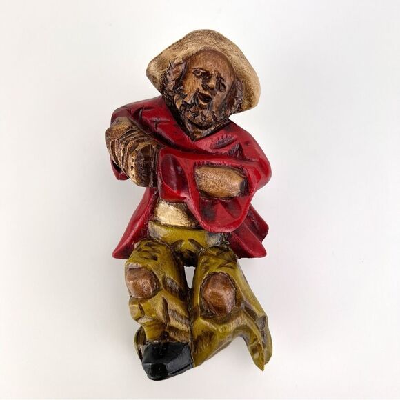 Vintage Folk Art Wood Hand Carved and Painted Peasant Accordion Player - Picture 1 of 8
